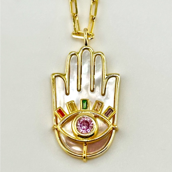 18K Gold Plated over 925 Sterling Silver Hamsa Mother of Pearl Necklace - Picture 2 of 8